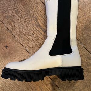 White and Black Combat Boots with Chunky Sole and Elastic Side Panel